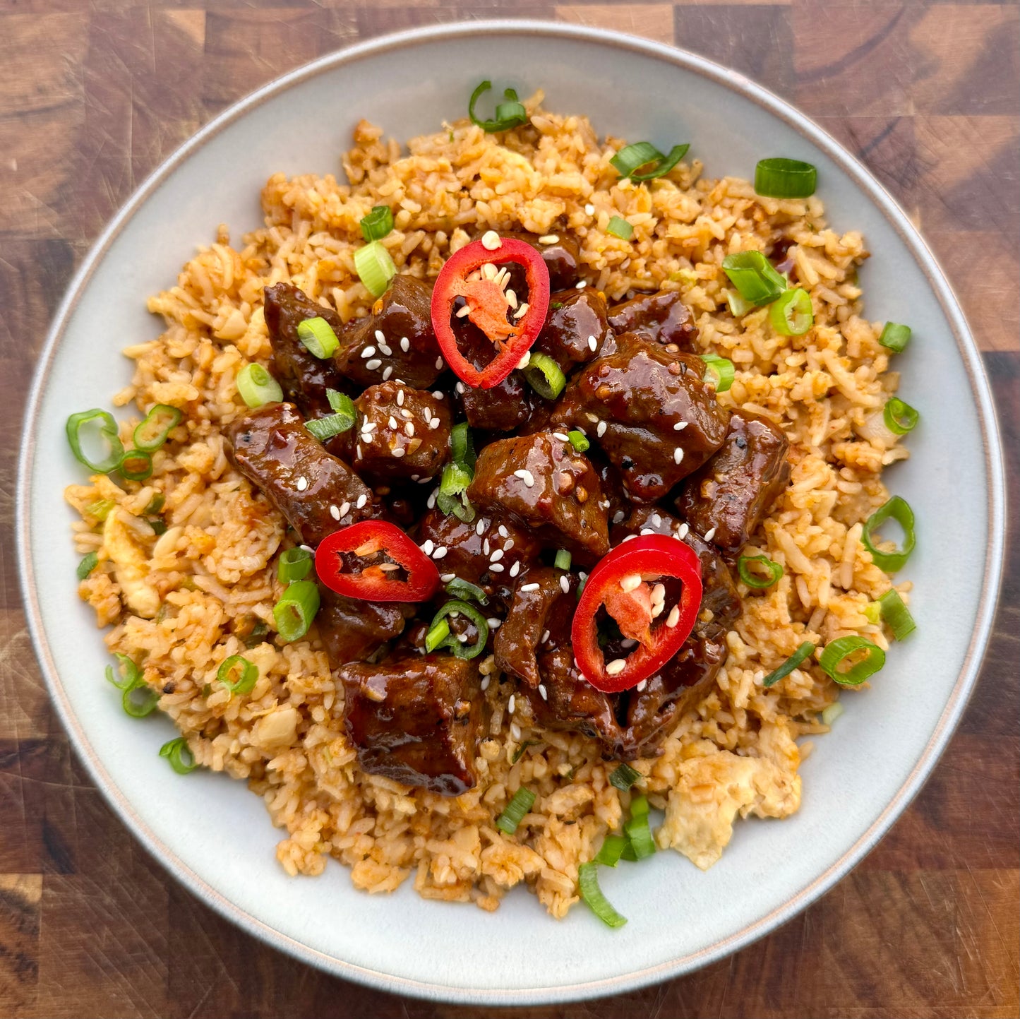 Glazed Peppered Beef & Garlic Egg Fried Rice