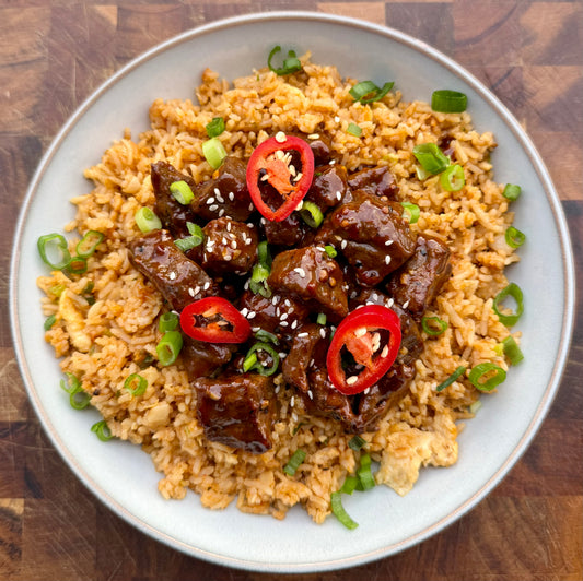Glazed Peppered Beef & Garlic Egg Fried Rice